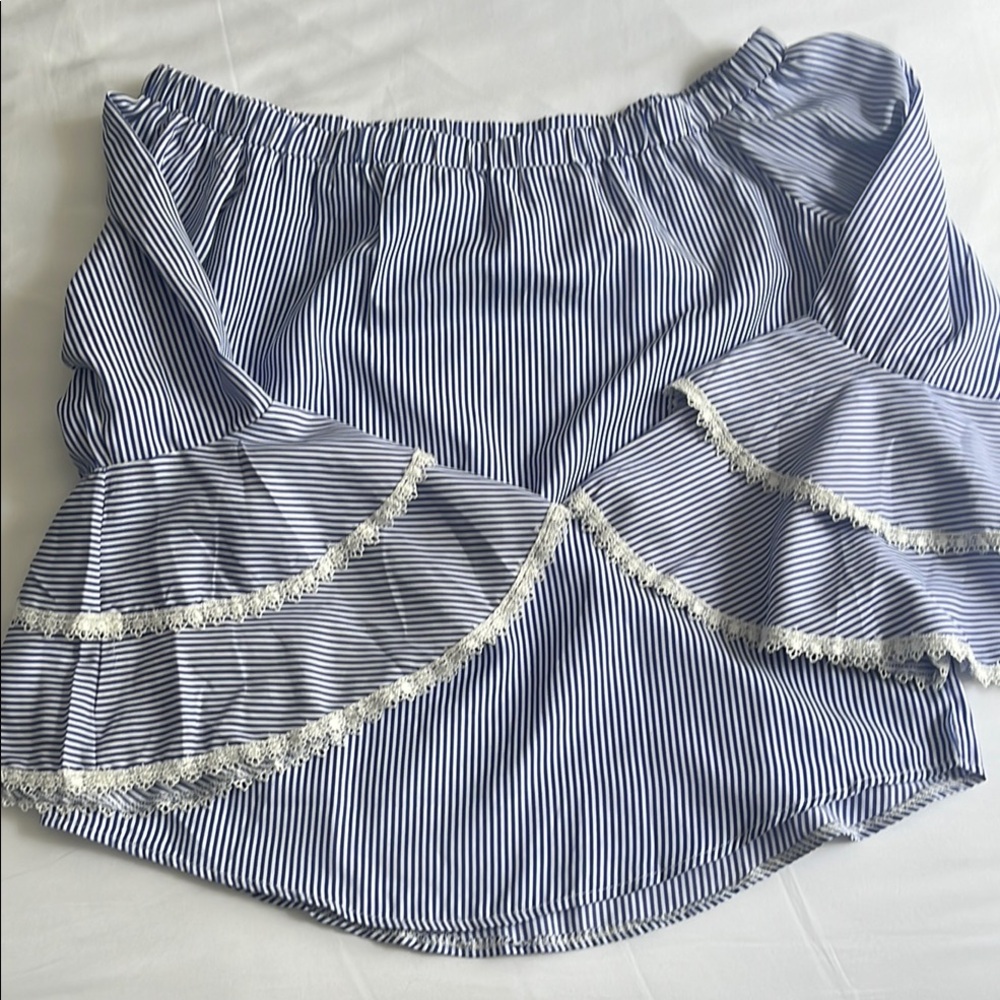 Blue and White Striped Off the Shoulder Blouse with Ruffled Sleeves